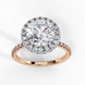 Front view of a rose gold round brilliant diamond double halo engagement ring.