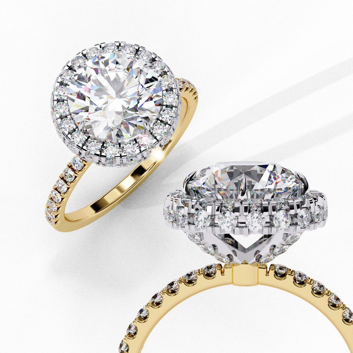 Close-up angled shot of a yellow gold round brilliant diamond double halo engagement ring highlighting the pavé band.