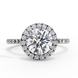 Top-down view of a white gold round brilliant diamond engagement ring with a striking double halo.