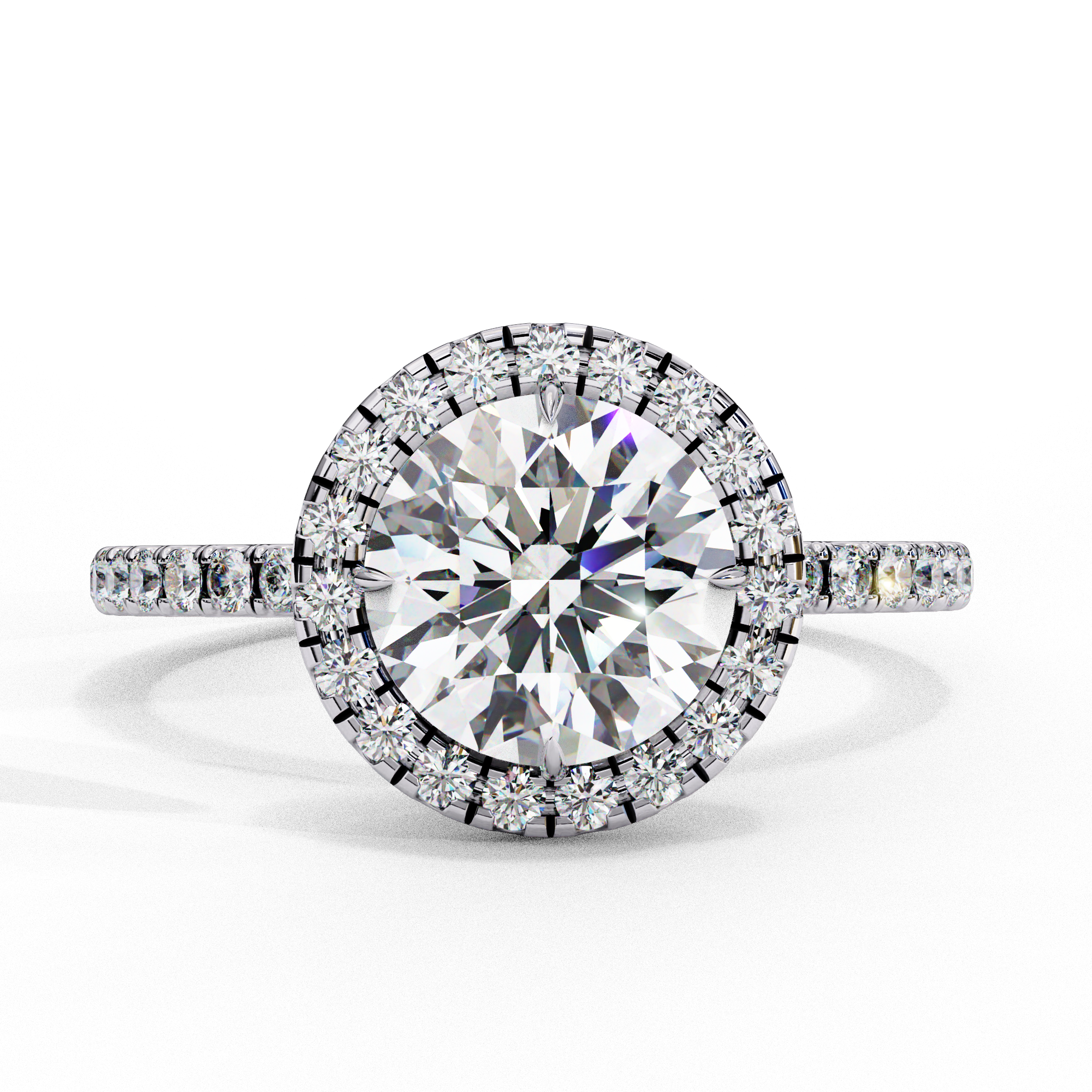 Top-down view of a white gold round brilliant diamond engagement ring with a striking double halo.