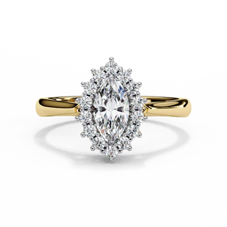 Front-facing view of a yellow gold vintage marquise halo diamond ring.
