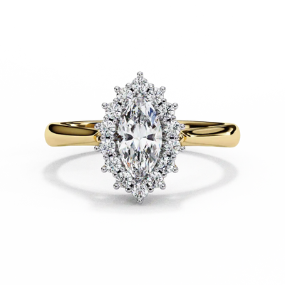 Front-facing view of a yellow gold vintage marquise halo diamond ring.
