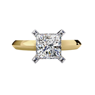 Front-facing view of a yellow gold princess cut diamond solitaire ring.