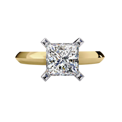Front-facing view of a yellow gold princess cut diamond solitaire ring.