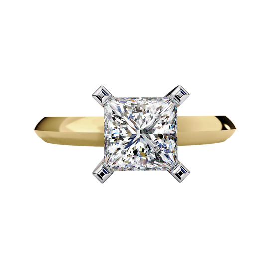 Front-facing view of a yellow gold princess cut diamond solitaire ring.