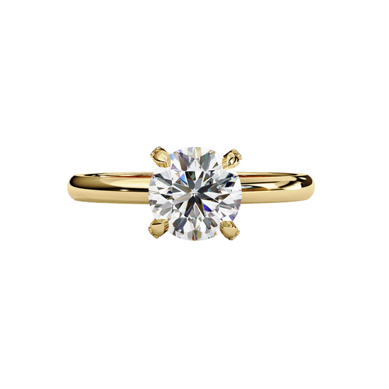 Front-facing view of a yellow gold round hidden halo solitaire ring.