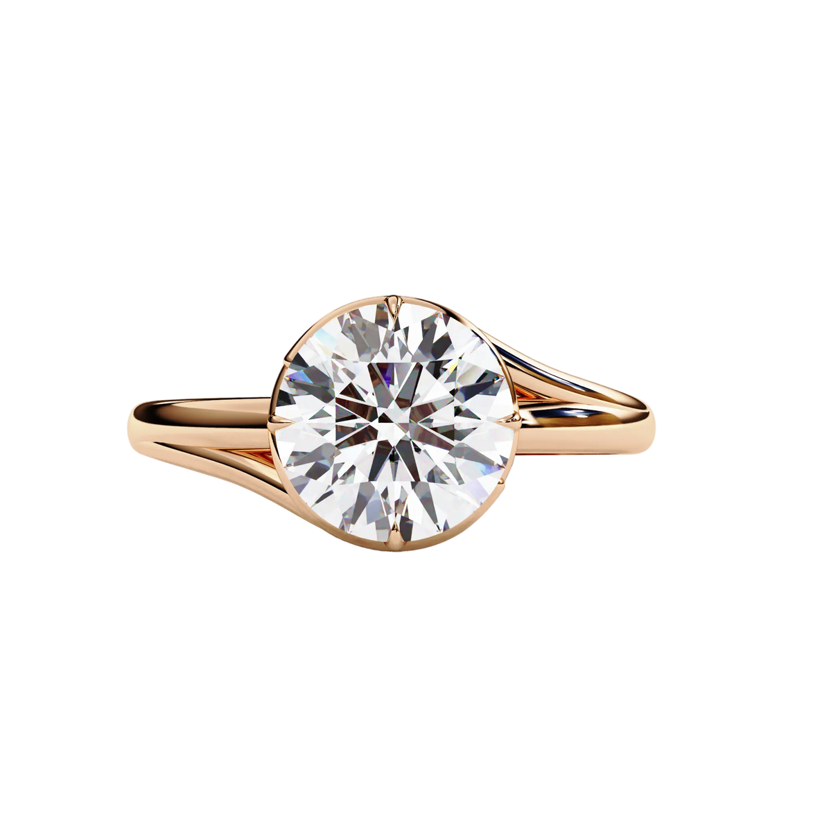 Round Brilliant Diamond Semi-Bezel Solitaire Ring with Twisted Crossover Band