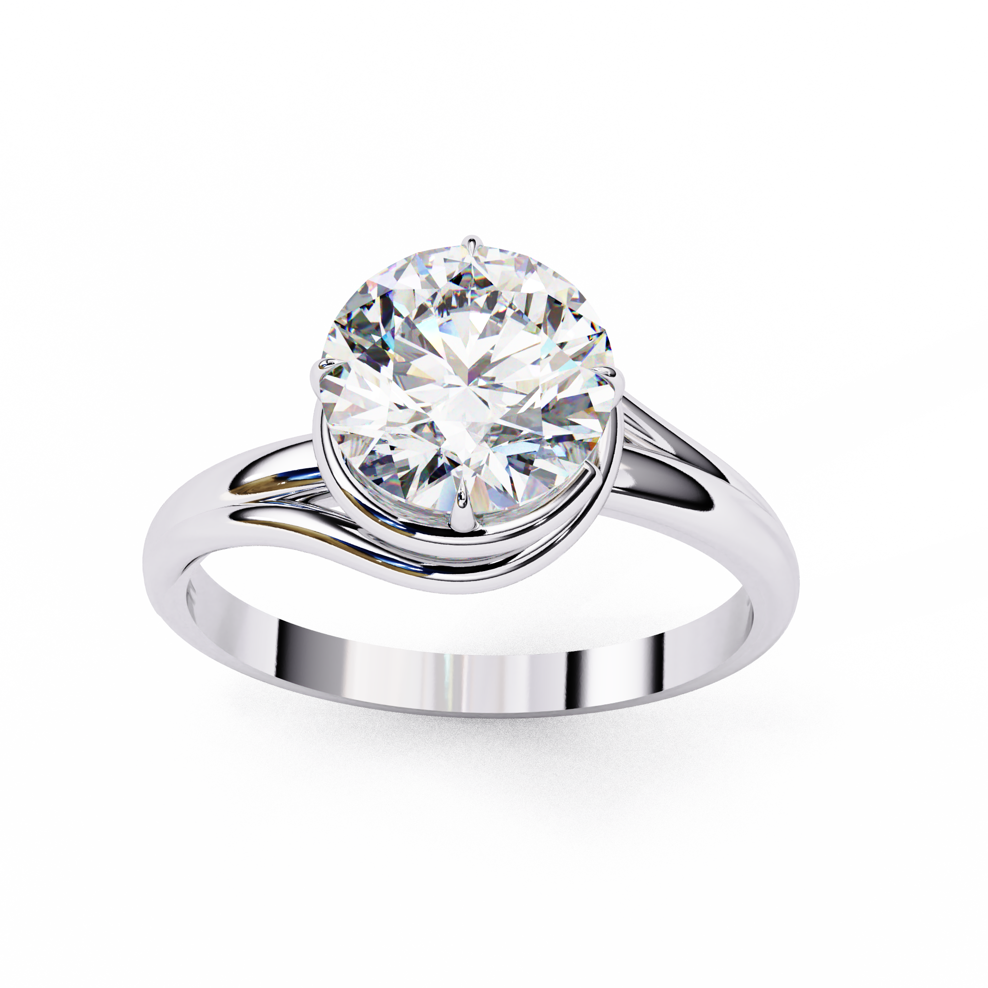 Round Brilliant Diamond Semi-Bezel Solitaire Ring with Twisted Crossover Band