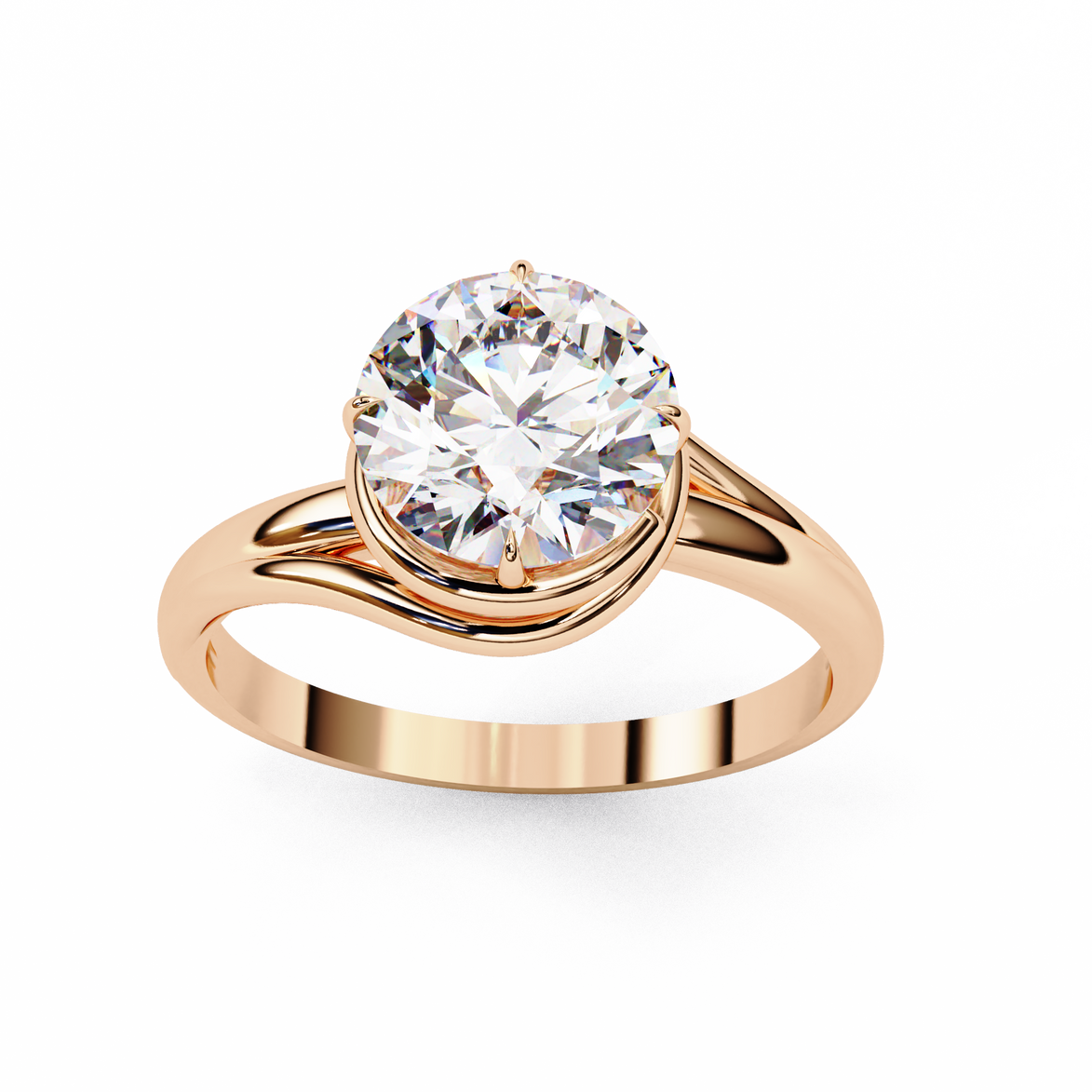 Round Brilliant Diamond Semi-Bezel Solitaire Ring with Twisted Crossover Band