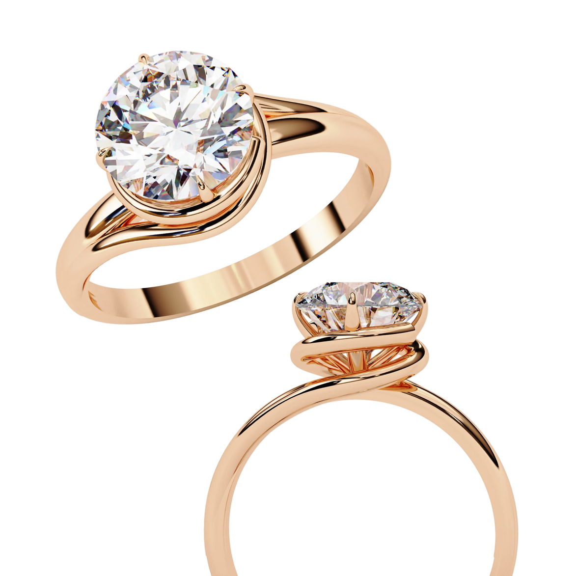 Round Brilliant Diamond Semi-Bezel Solitaire Ring with Twisted Crossover Band
