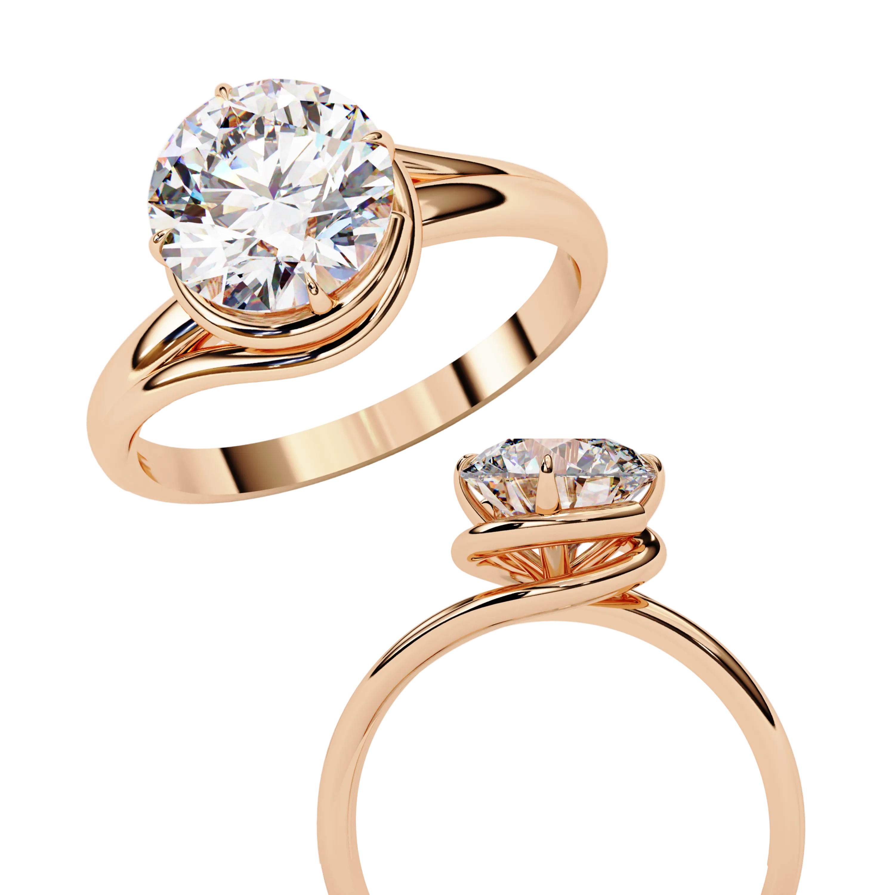 Round Brilliant Diamond Semi-Bezel Solitaire Ring with Twisted Crossover Band