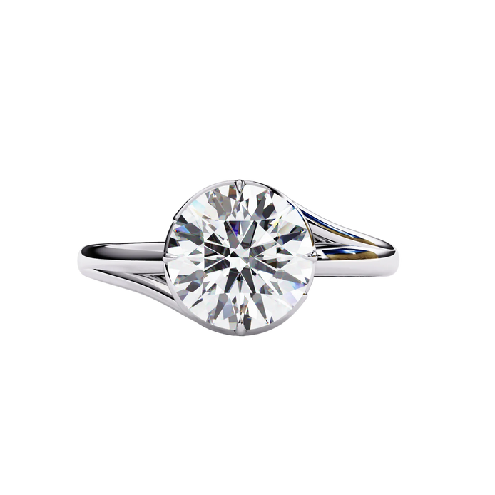 Round Brilliant Diamond Semi-Bezel Solitaire Ring with Twisted Crossover Band