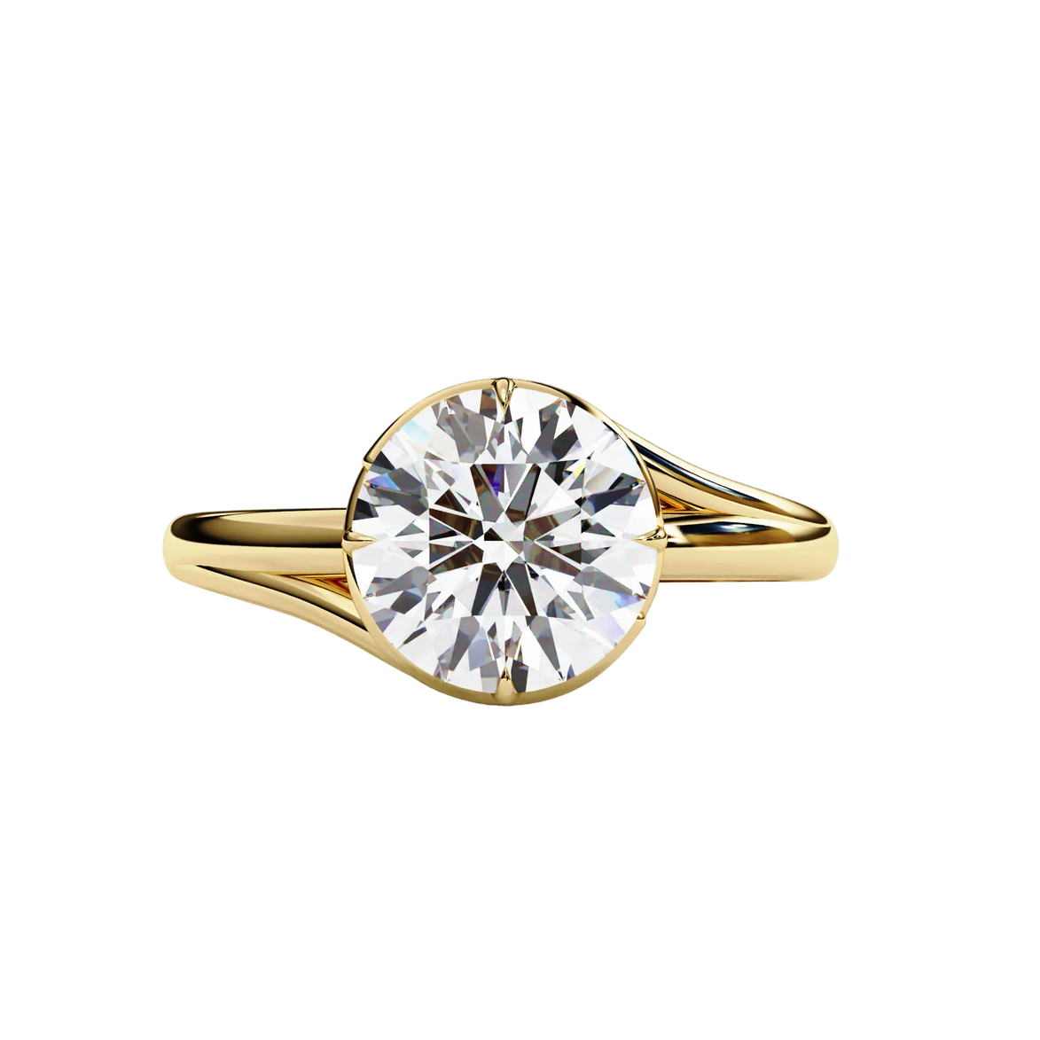 Round Brilliant Diamond Semi-Bezel Solitaire Ring with Twisted Crossover Band