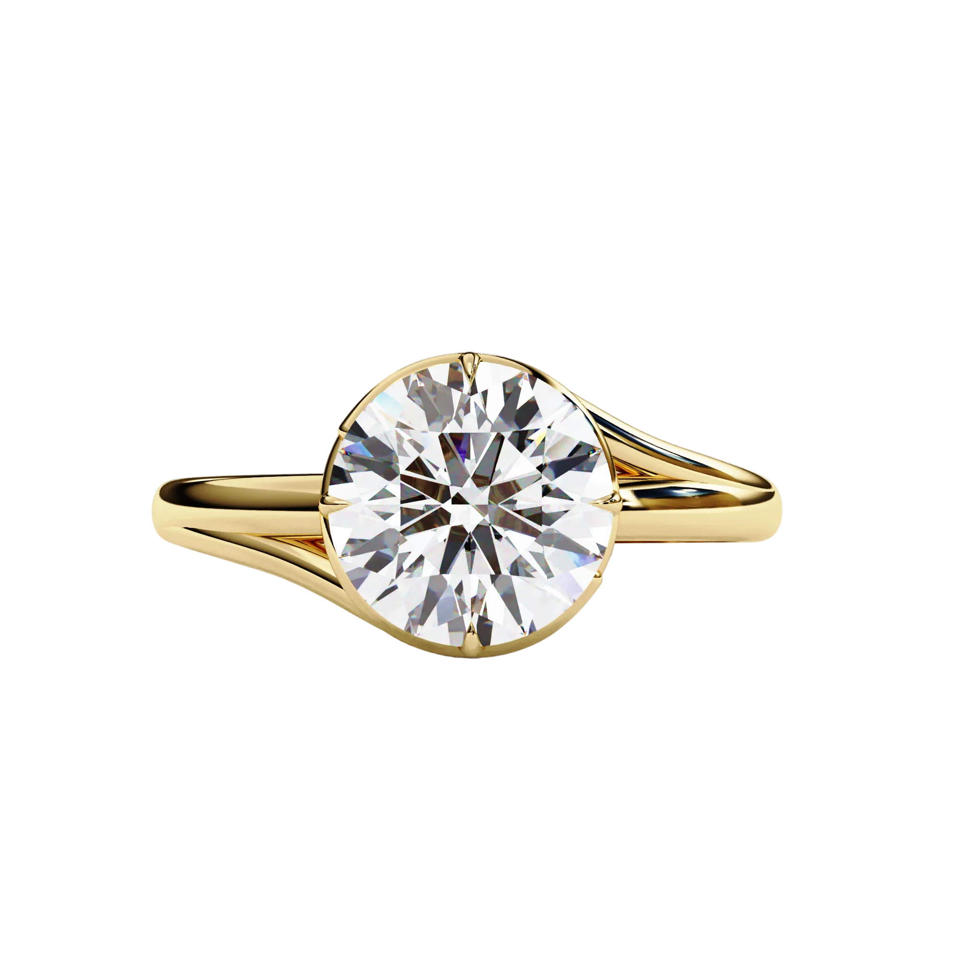 Round Brilliant Diamond Semi-Bezel Solitaire Ring with Twisted Crossover Band