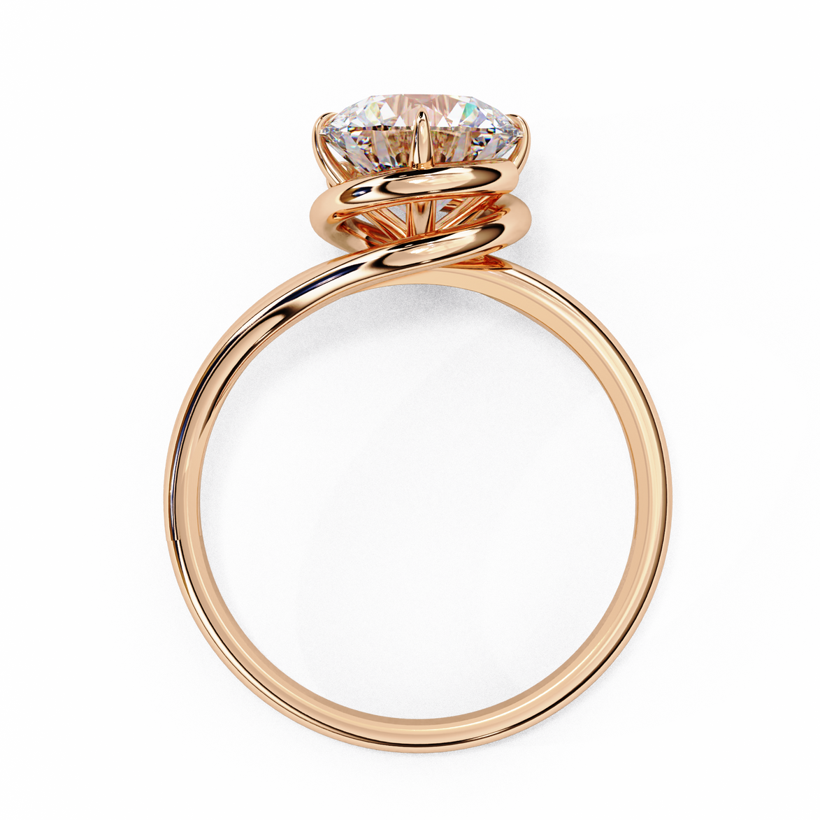 Round Brilliant Diamond Semi-Bezel Solitaire Ring with Twisted Crossover Band