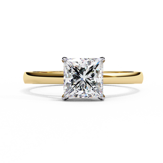 Front-facing view of a yellow gold princess cut diamond cathedral solitaire ring.