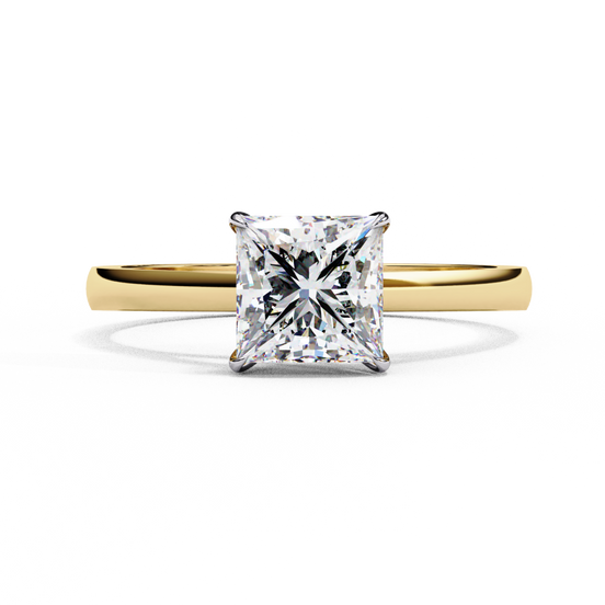 Front-facing view of a yellow gold princess cut diamond cathedral solitaire ring.