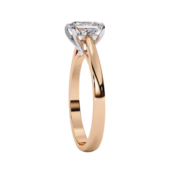 Side profile view of a rose gold princess cut diamond cathedral solitaire ring.