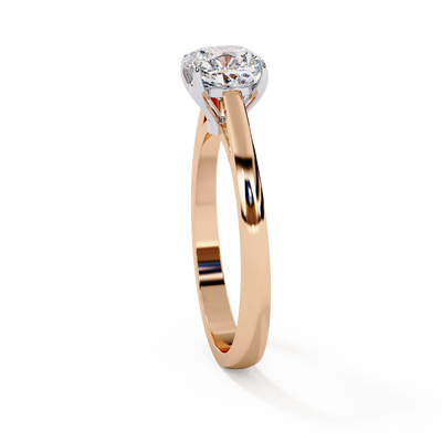 Side profile view of a rose gold cushion cut cathedral solitaire ring.