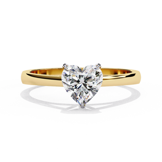 Front-facing view of a yellow gold heart cut diamond cathedral solitaire engagement ring.