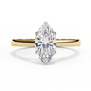 Front-facing view of a yellow gold marquise cut diamond cathedral solitaire ring.