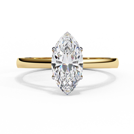 Front-facing view of a yellow gold marquise cut diamond cathedral solitaire ring.