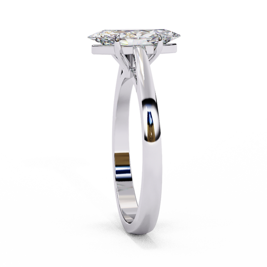 Side profile view of a white gold marquise cut diamond cathedral solitaire ring.