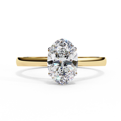 Front-facing view of a yellow gold oval diamond ring with elevated gallery.