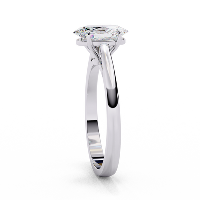 Side profile view of a white gold oval diamond ring with elevated gallery.