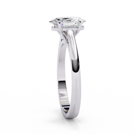 Side profile view of a white gold oval diamond ring with elevated gallery.