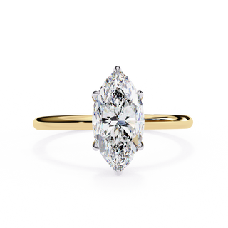Front-facing view of a yellow gold marquise diamond cathedral solitaire ring.