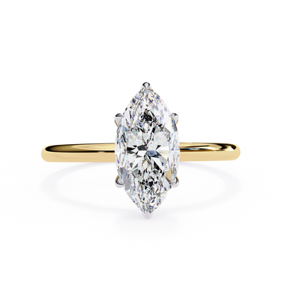 Front-facing view of a yellow gold marquise diamond cathedral solitaire ring.