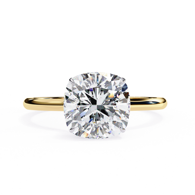 Front-facing view of a yellow gold classic cushion cut hidden halo ring.