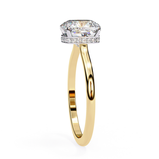 Side profile view of a yellow gold classic cushion cut hidden halo ring.