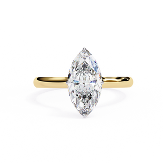 Front-facing view of a yellow gold marquise hidden halo diamond ring.