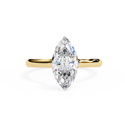 Front-facing view of a yellow gold marquise hidden halo diamond ring.