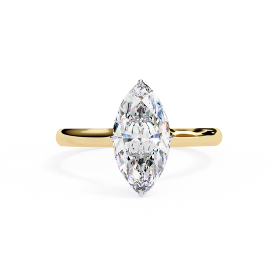 Front-facing view of a yellow gold marquise hidden halo diamond ring.