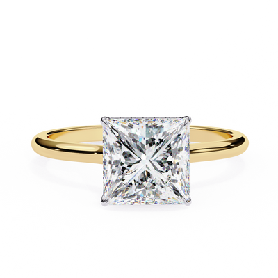 Front-facing view of a yellow gold princess hidden halo diamond ring.