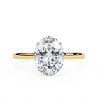 Front-facing view of a yellow gold oval hidden halo diamond ring.