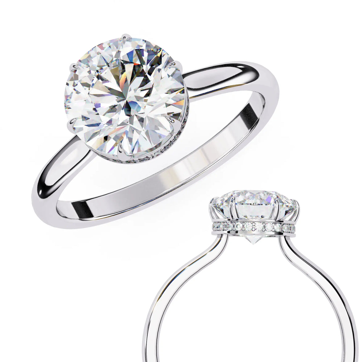 Silver ring with a large diamond and another smaller diamond ring on a white background