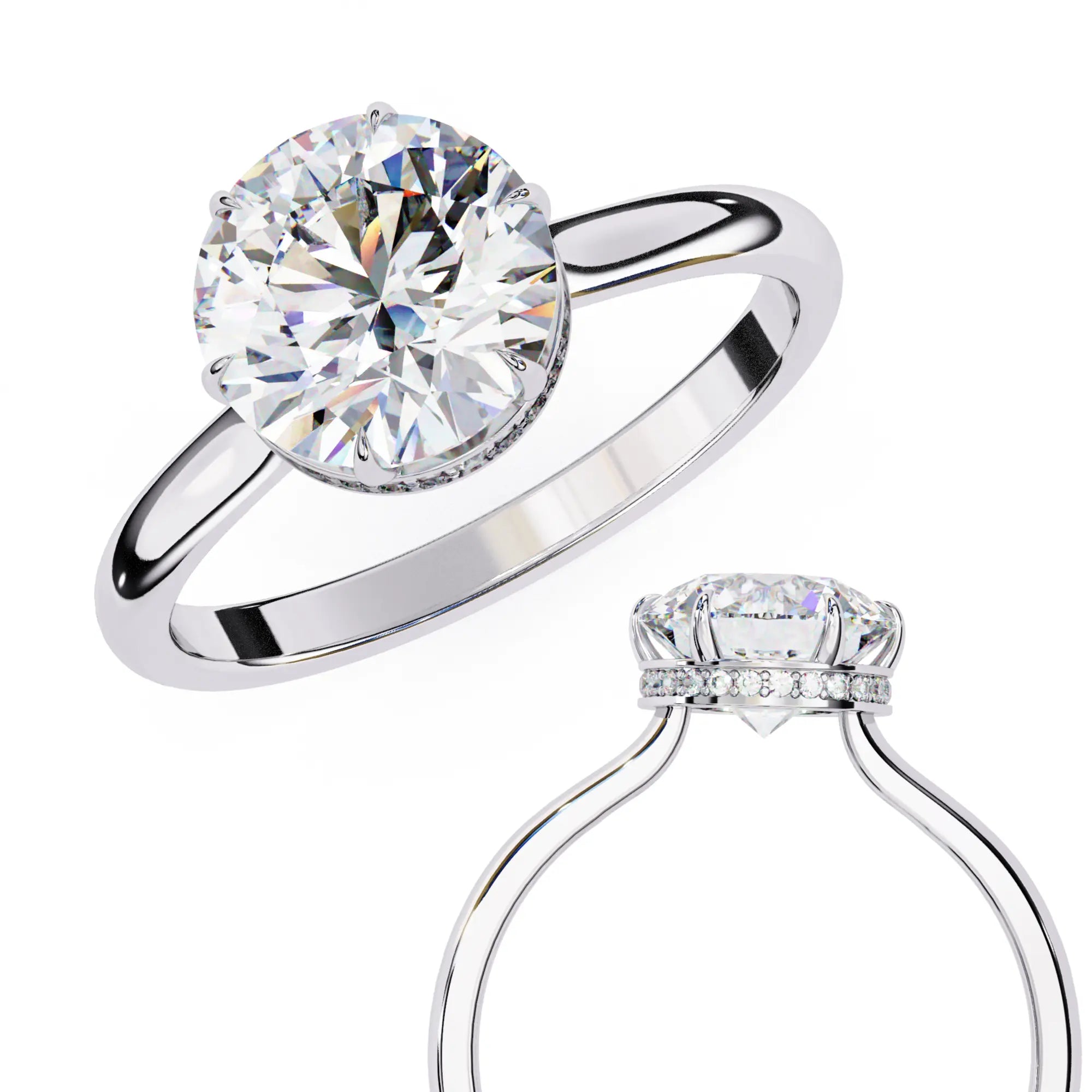 Silver ring with a large diamond and another smaller diamond ring on a white background