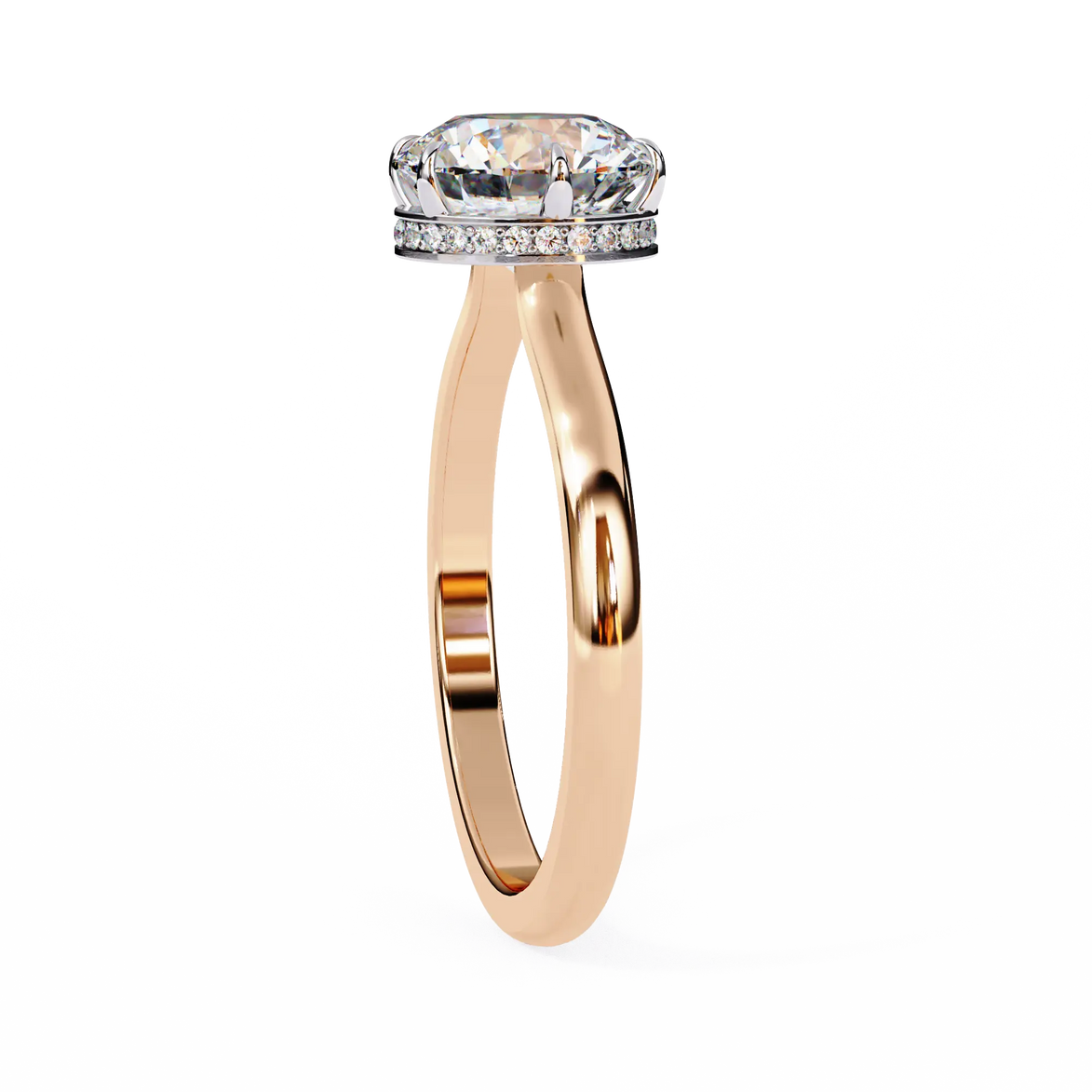 Rose gold ring with a diamond on a white background