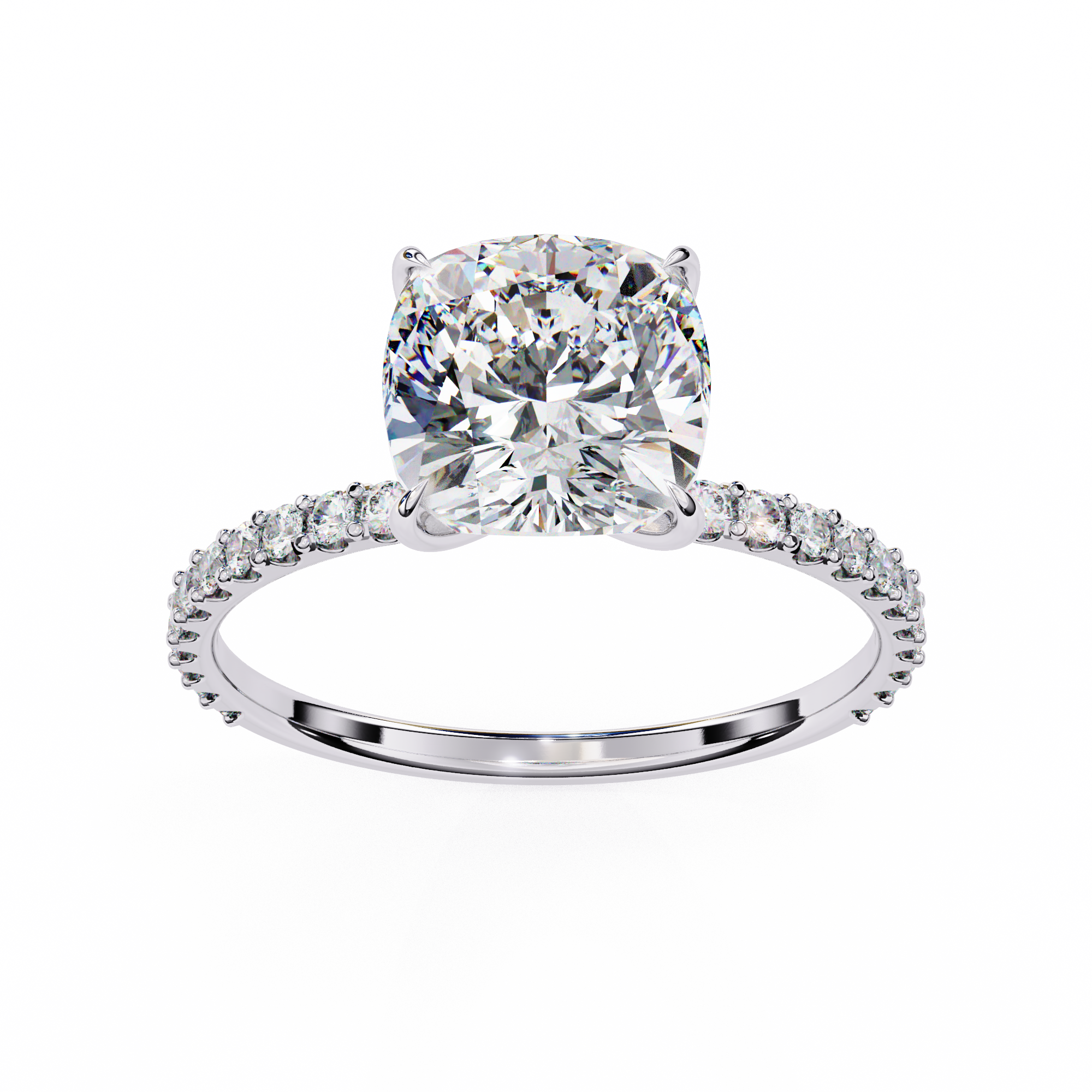 Diamond ring with a large central gemstone and smaller stones on the band against a white background