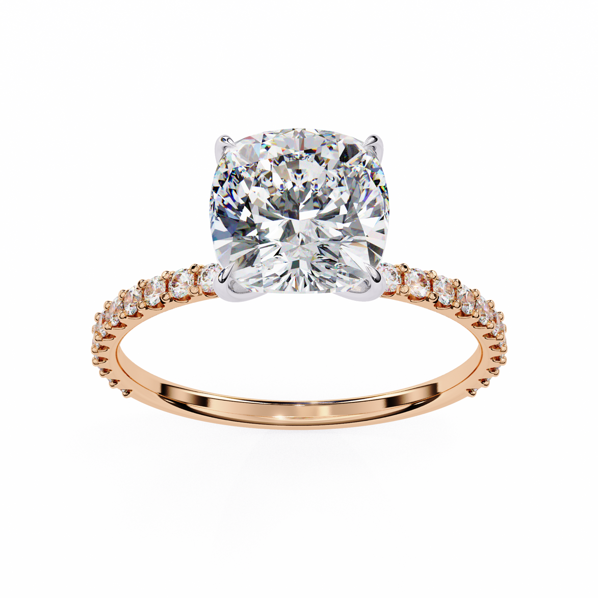 Rose gold ring with a large diamond and smaller diamonds on the band against a white background