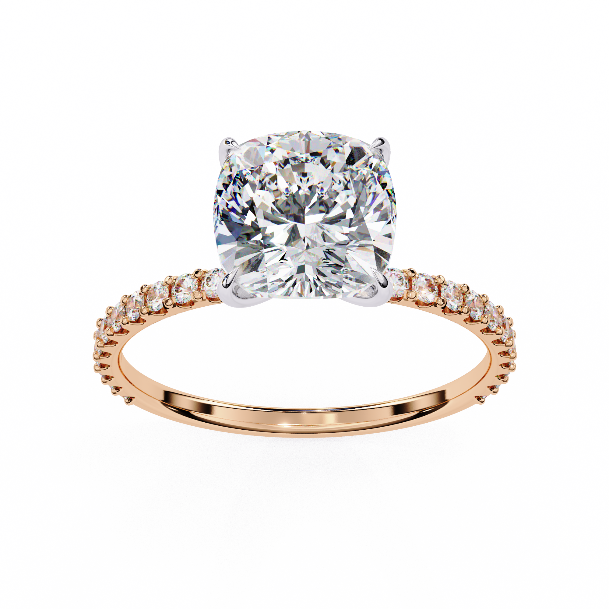 Rose gold ring with a large diamond and smaller diamonds on the band against a white background