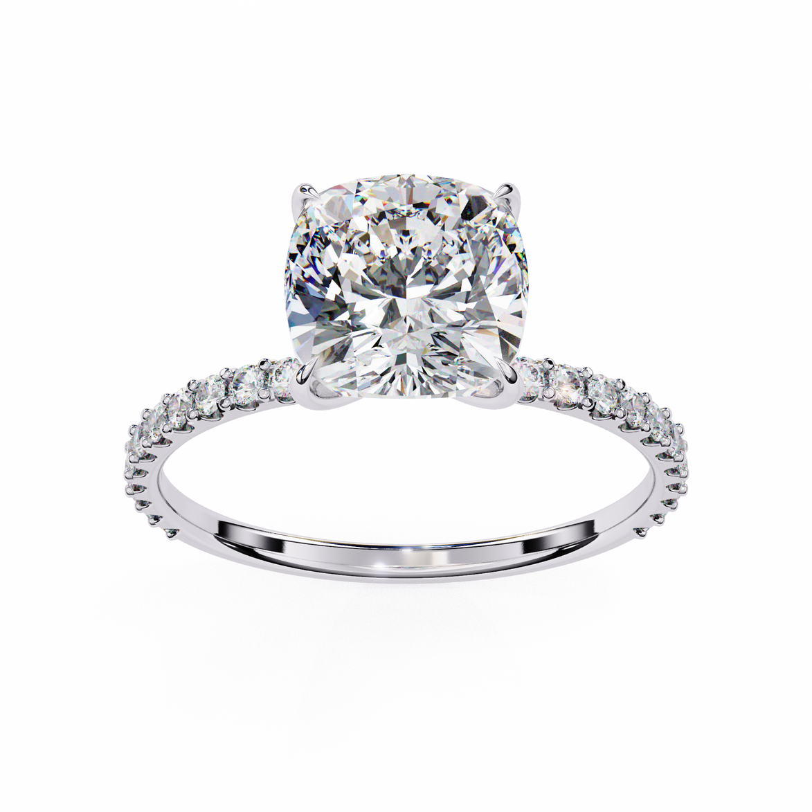 Diamond ring with a large central gemstone and smaller stones on the band against a white background