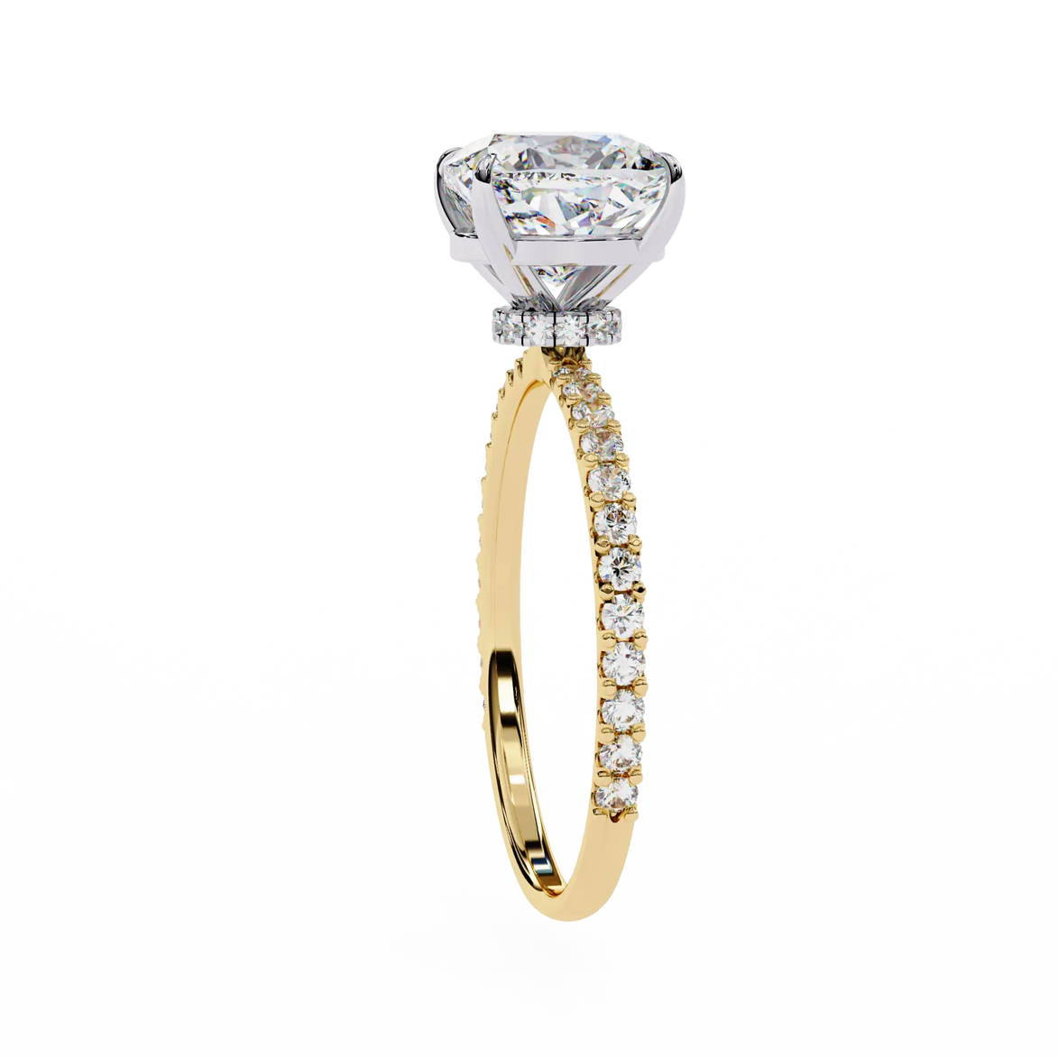 Gold ring with a large diamond and smaller diamonds on the band against a white background
