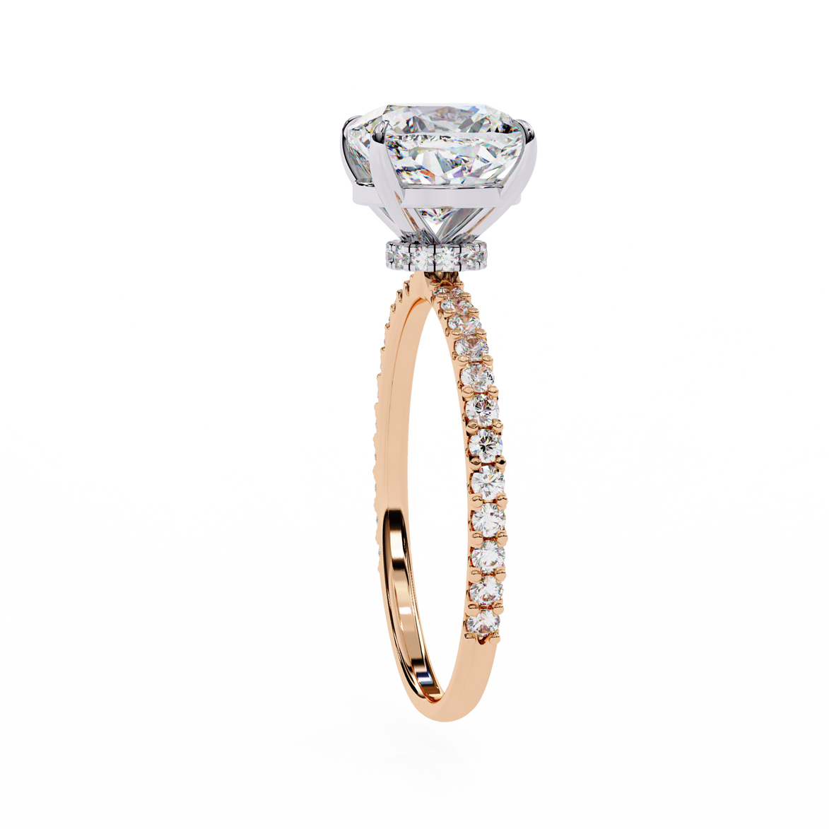 Rose gold ring with a large diamond and smaller diamonds on the band against a white background