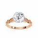 Rose gold ring with a large diamond and smaller diamonds on the band against a white background