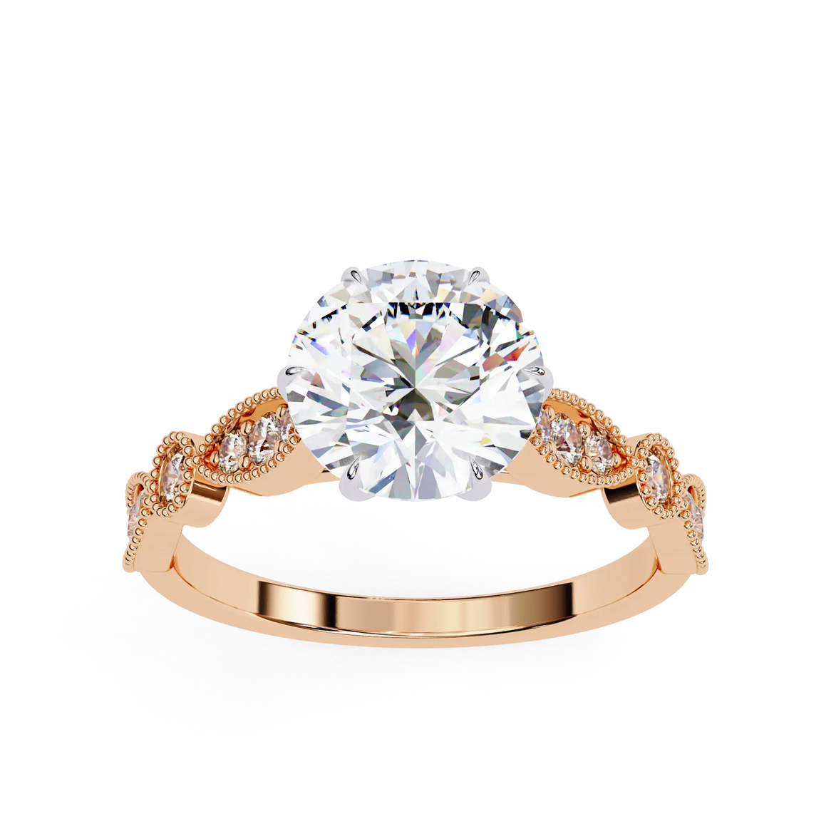 Rose gold ring with a large diamond and smaller diamonds on the band against a white background